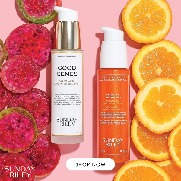 A flat-lay product creative featuring two skincare serums surrounded by their raw ingredient counterparts on a soft pink background.